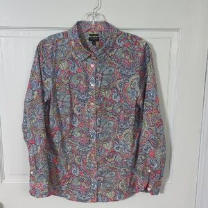 Talbots Red and Blue Button Down Shirt Vibrant Floral Design